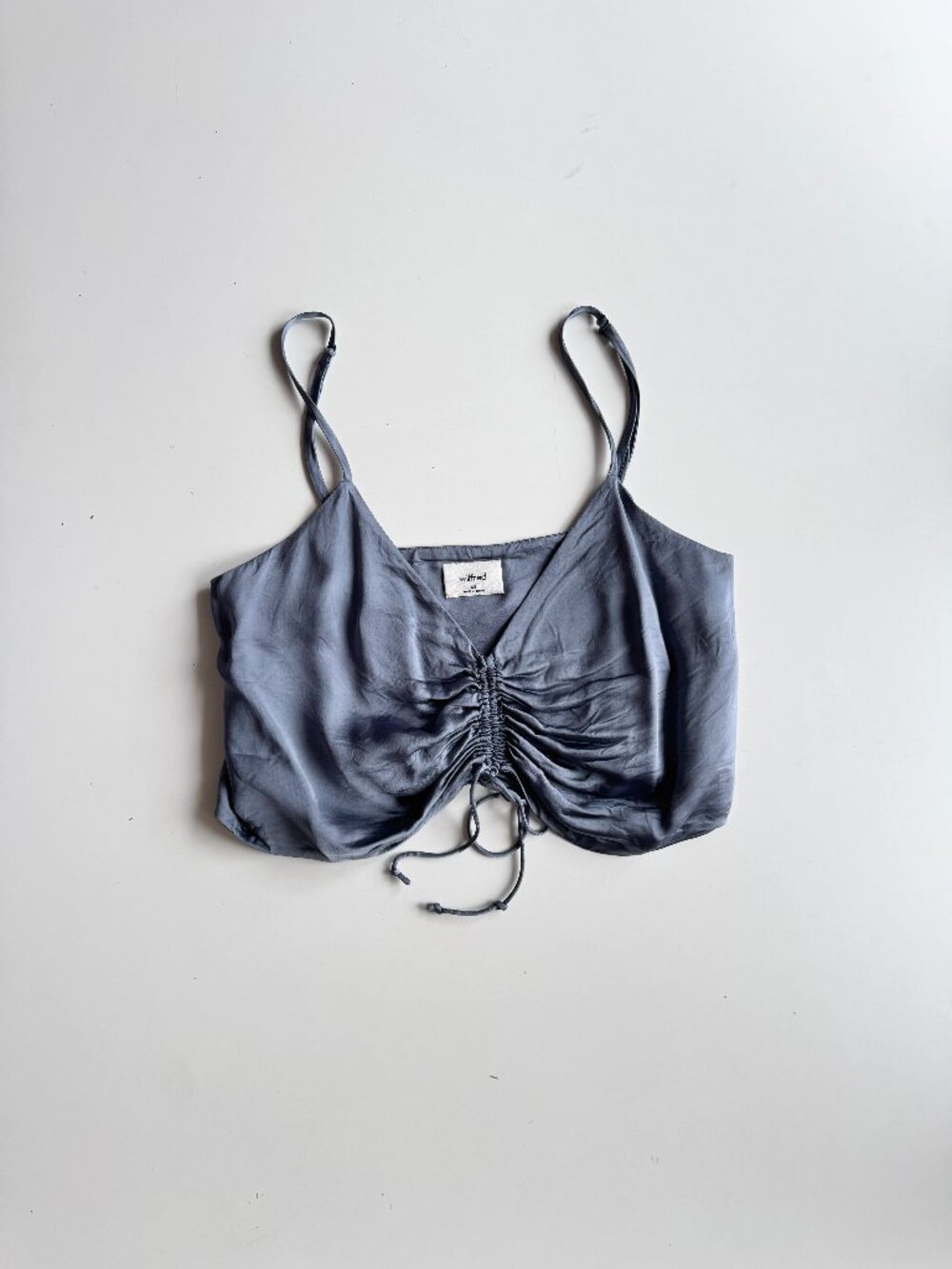Aritzia WILFRED Verso Blue Satin Cropped Ruched Front Cropped Tank Top, Size XS